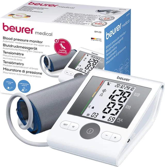 beurer-bm-28-oberarm-blutdruckmessger-t-mit-arrhythmie-erkennung-und-farbigem-ri image 1